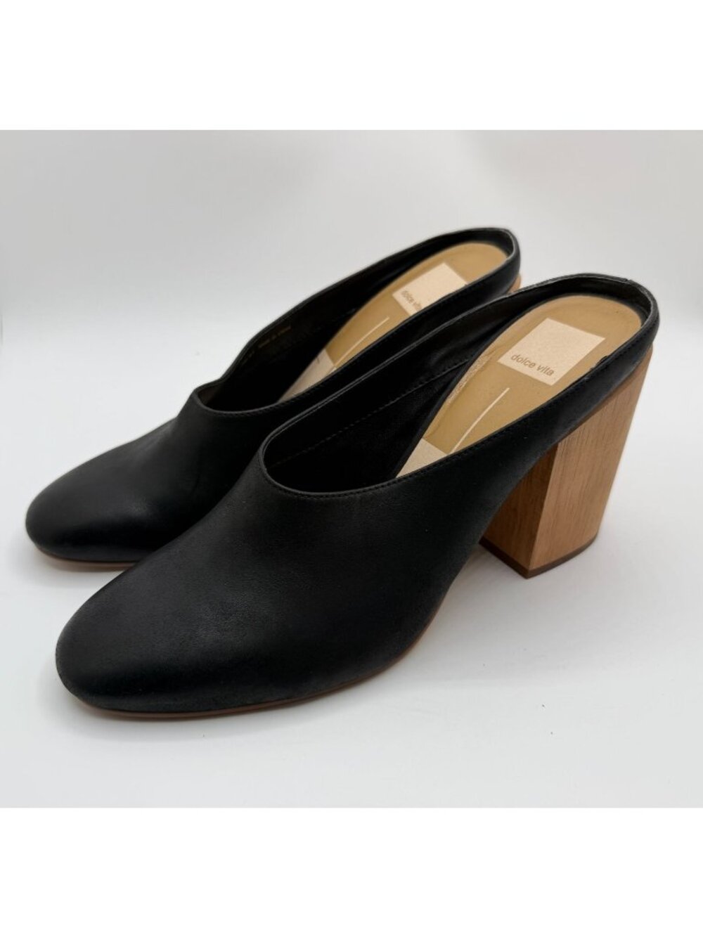 Dolce Vita Caley Wedge Mules Wood Block Heel Black Leather Women Size 8.5